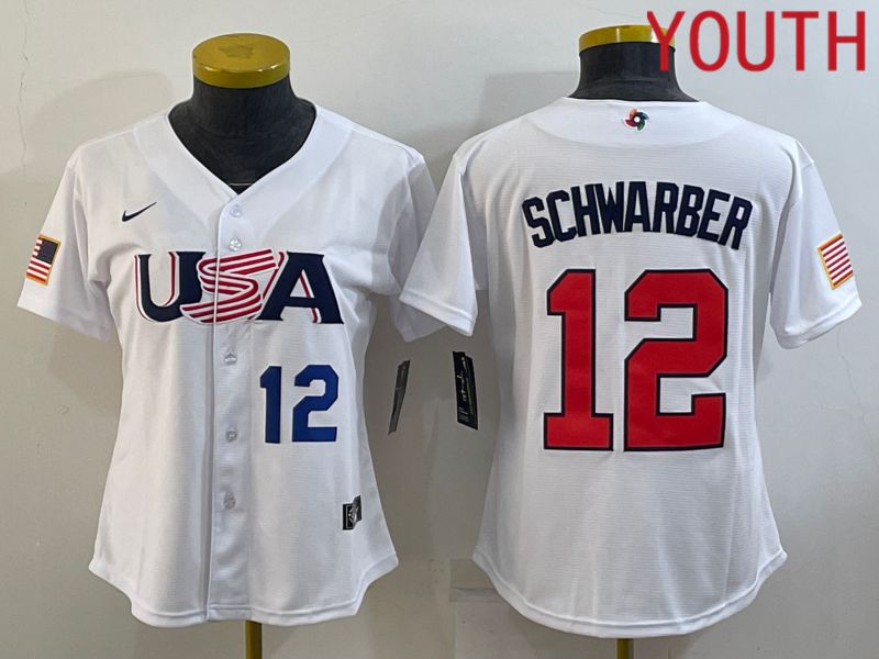 Youth 2023 World Cub USA #12 Schwarber White MLB Jersey2